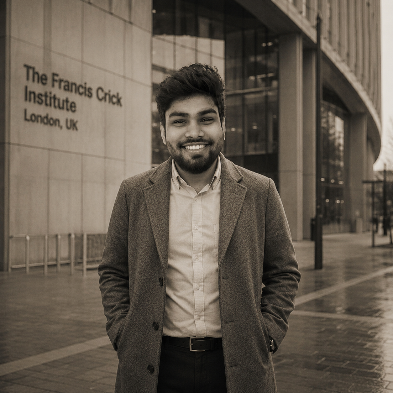 Umesh Dhawan in front of The Francis Crick Institute